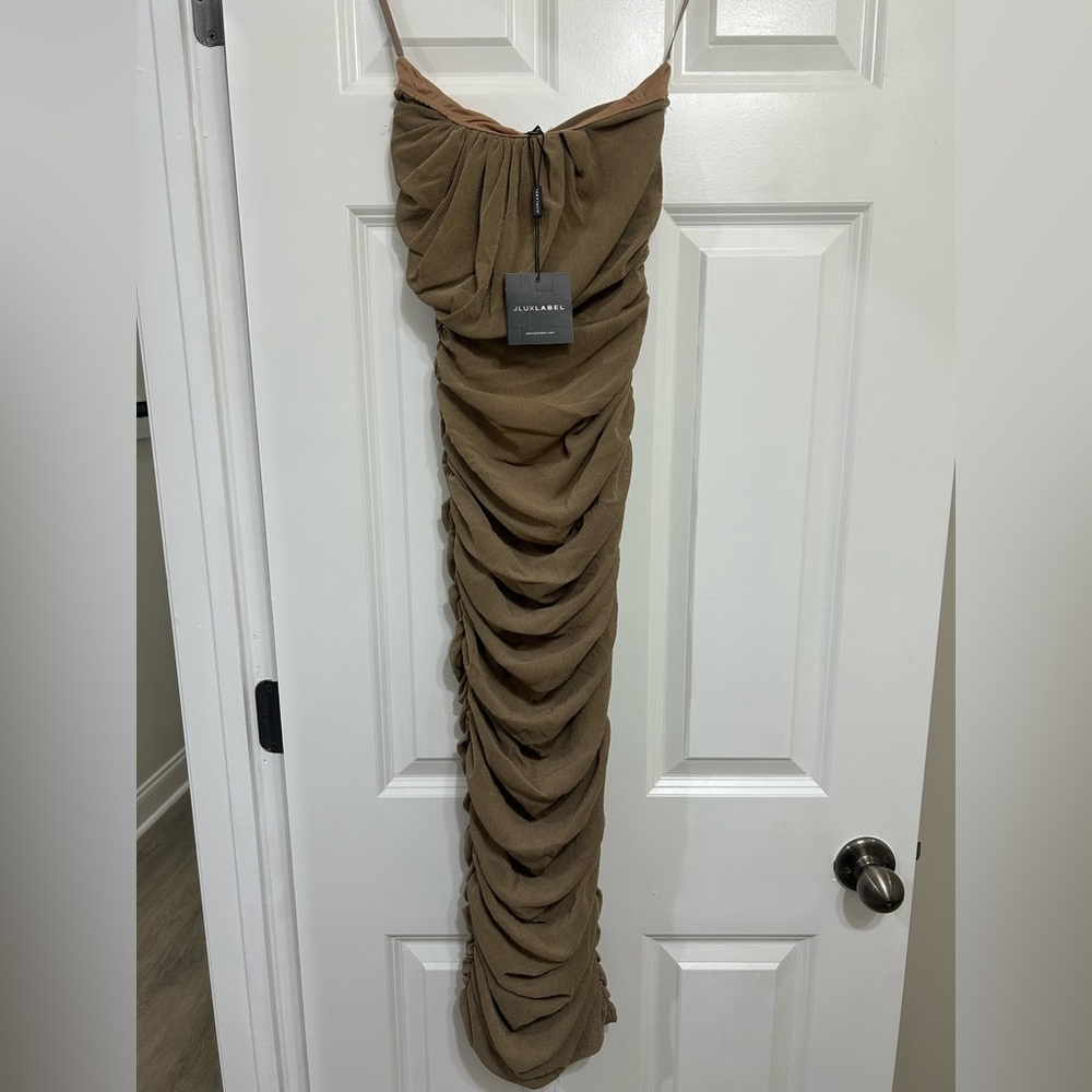 JLUXLABEL Tan Ruched Midi Dress